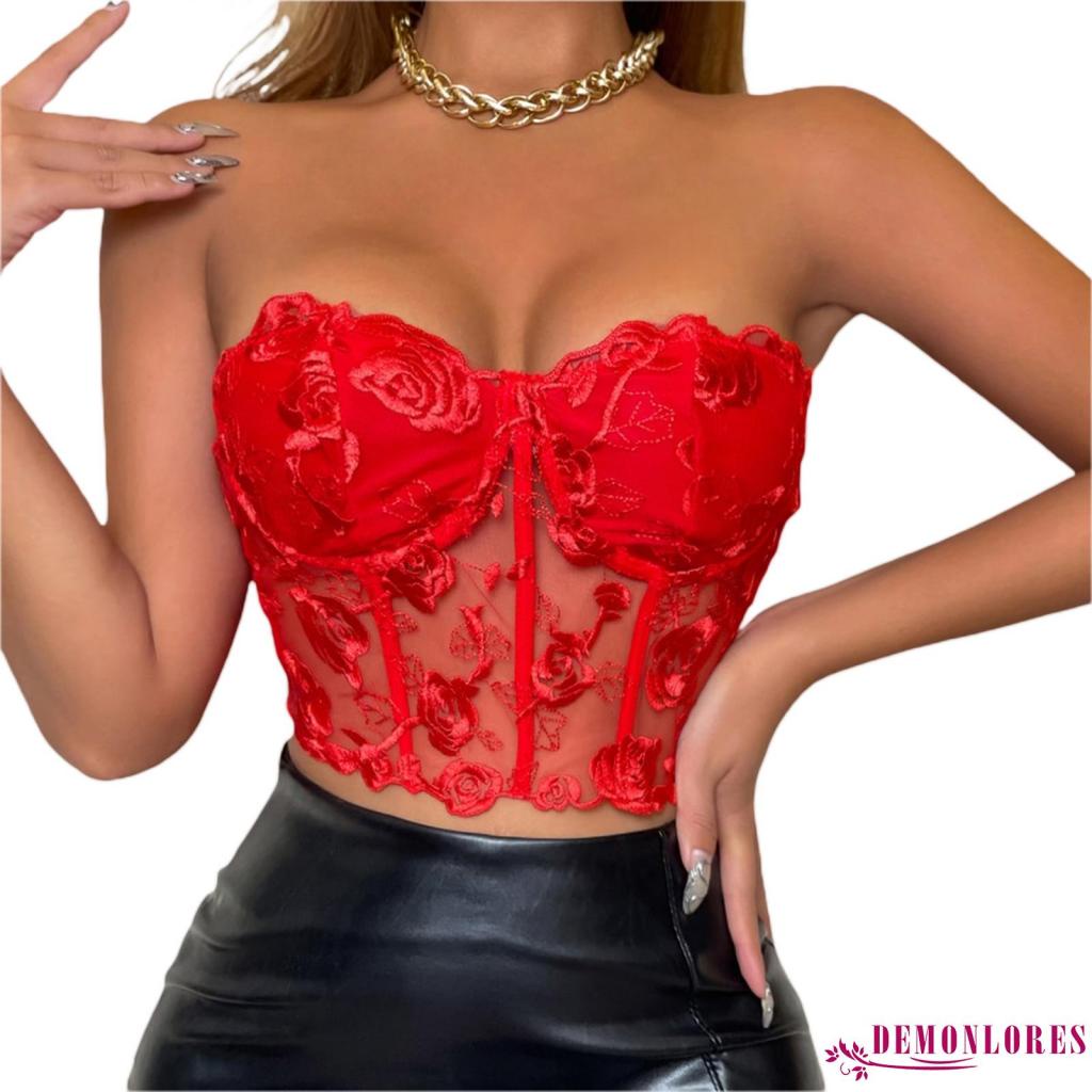 Áo Ống Thêu Hoa Xuyên Thấu Trễ Vai Cho Nữ