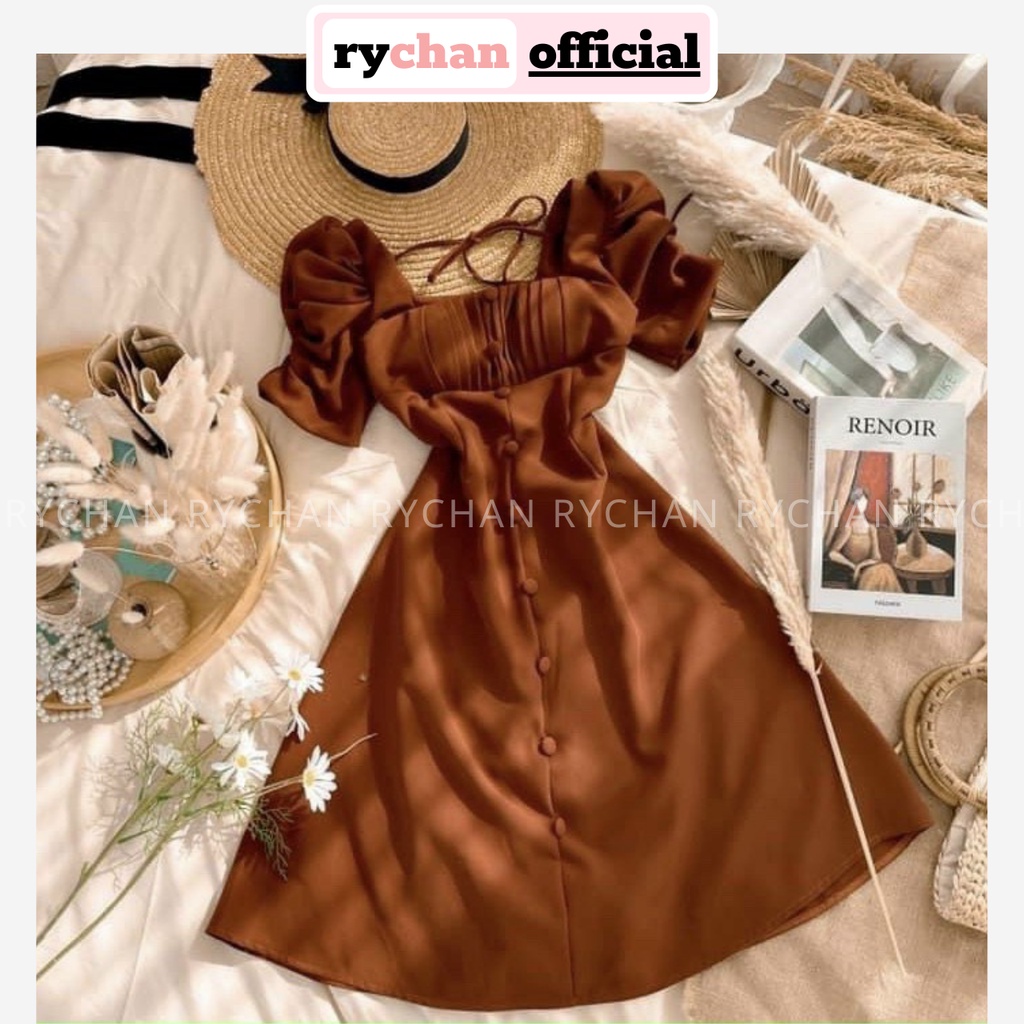 Đầm Xòe Midi Cổ Vuông Nút Bọc Tay Phồng 2 Màu [Ảnh Thật Cuối] - DX9997