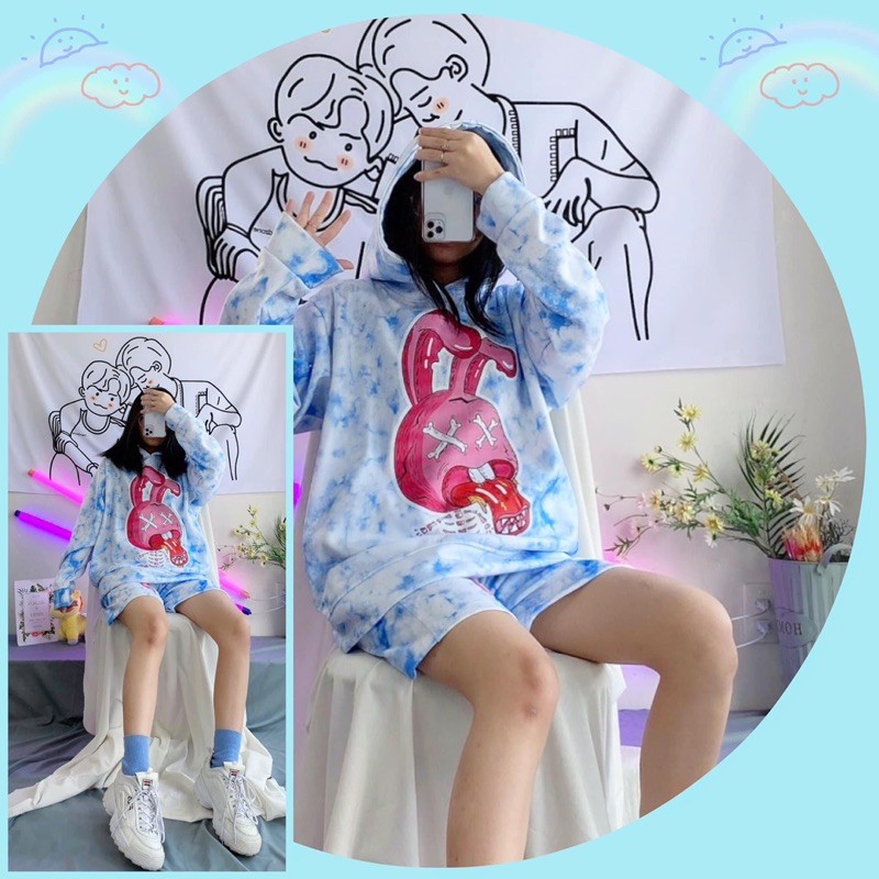 Set Hoodie Loang 3D Hoạ Tiết BAD RABIT Ảnh Thật