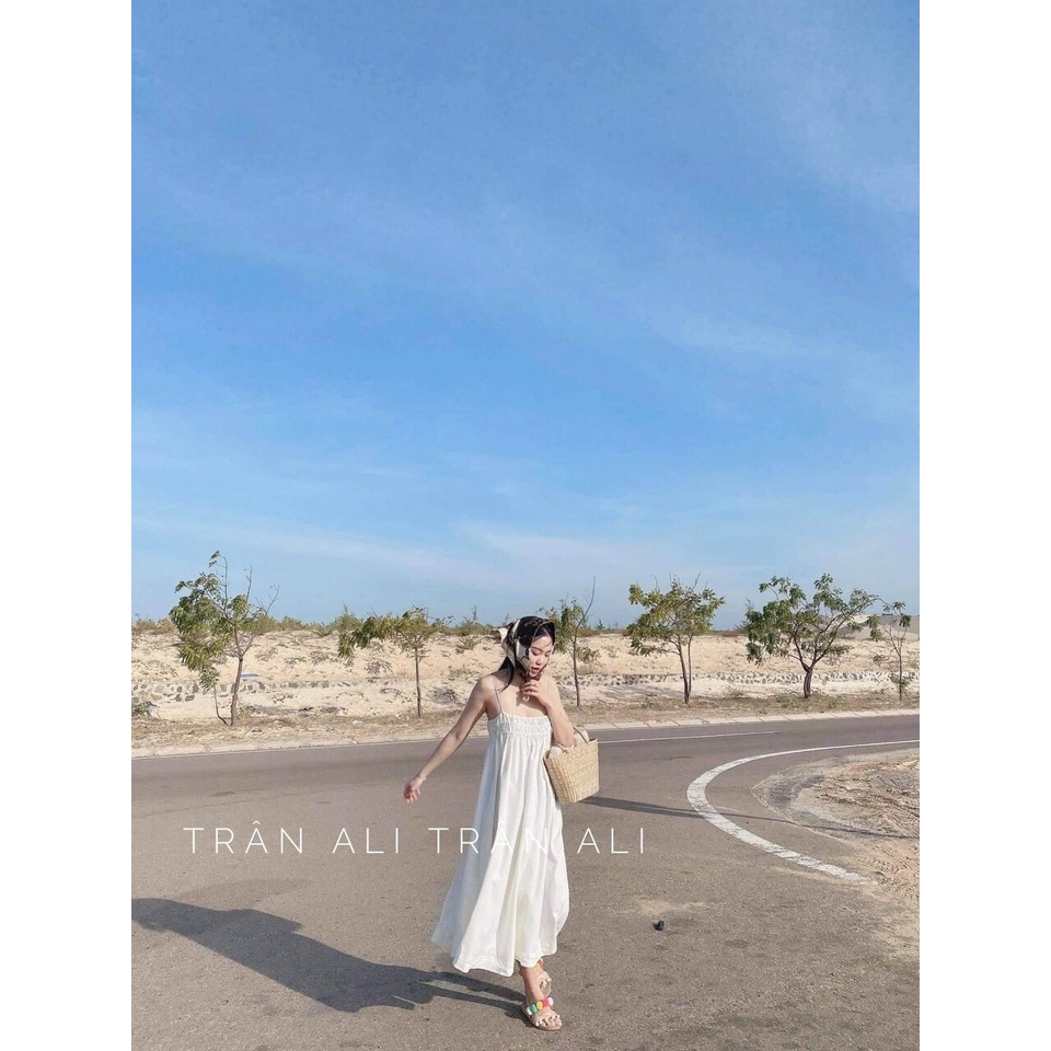 Đầm maxi 2dây trắng nhún ngực KÈM ẢNH THẬT BAO KIỂM