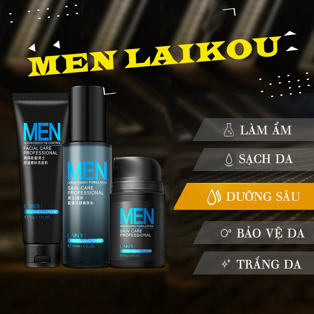 BỘ 3 SẢN PHẨM LAIKOU Chăm Sóc Da Mặt Cho Nam 50g Kem Dưỡng Ẩm + 100g Sữa Rửa Mặt + Bộ Dưỡng Da Kiểm Soát Dầu Toner 160ml