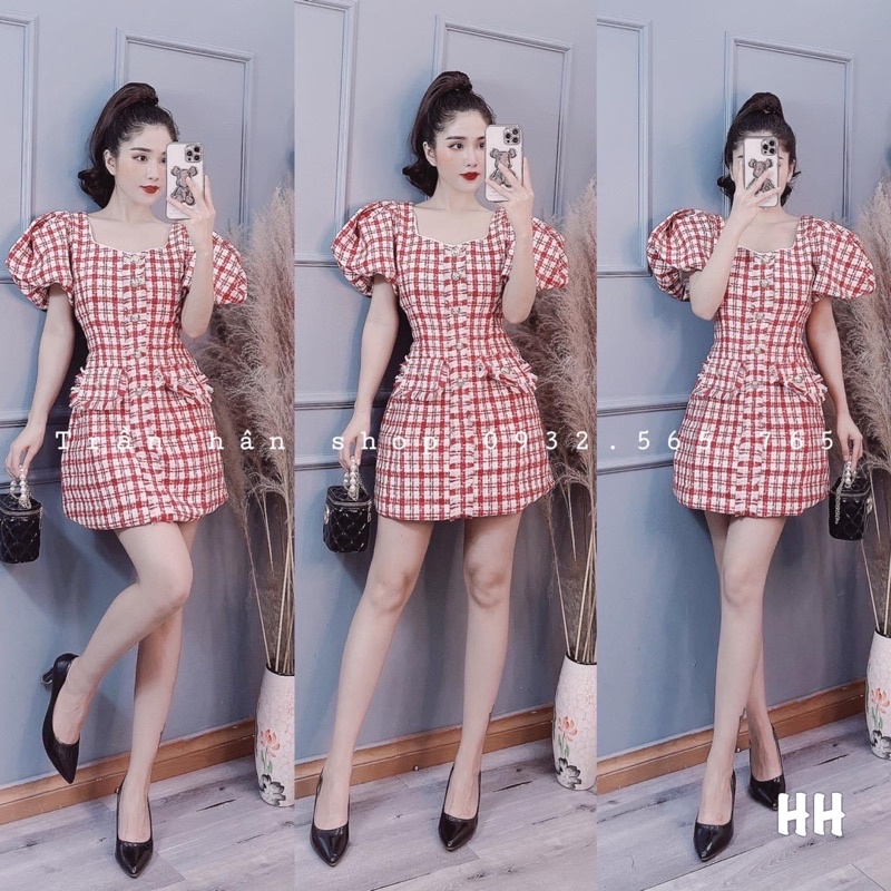 Váy dạ tweed tiểu thư tay bồng