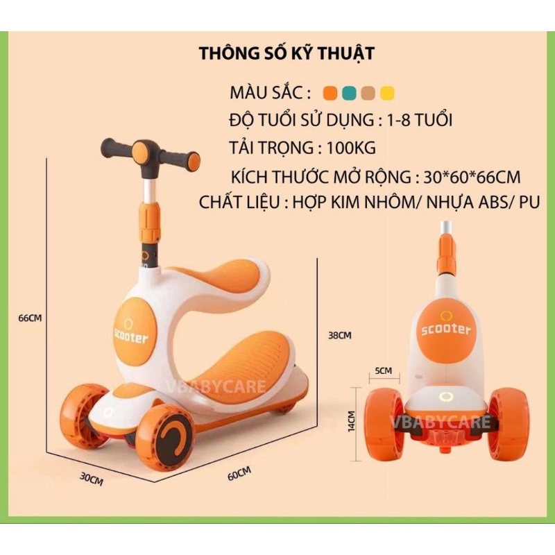 Xe scooter, Xe trượt 3in1 đèn, nhạc, ghế cao cấp chịu lực 70kg cho bé