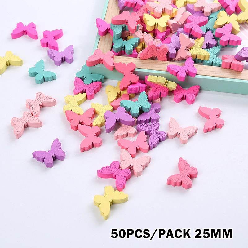 Bộ 50 Hạt Gỗ Hình Bướm 25mm Nhiều Màu Sắc Làm Trang Sức DIY