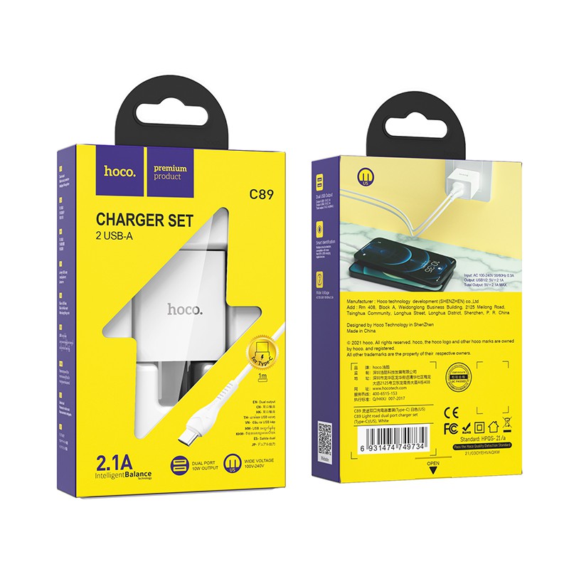 [Thoto Store] Bộ sạc nhanh HOCO C89 kèm cáp iPhone/ Micro/ Type-C, đầu ra 2 cổng USB dòng tối đa 2.1A - Hàng chính hãng