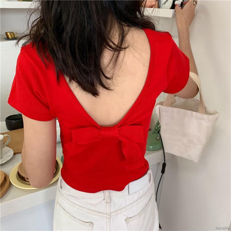 Áo thun dệt kim tay ngắn phối nơ lưng thiết kế hở lưng quyến rũ