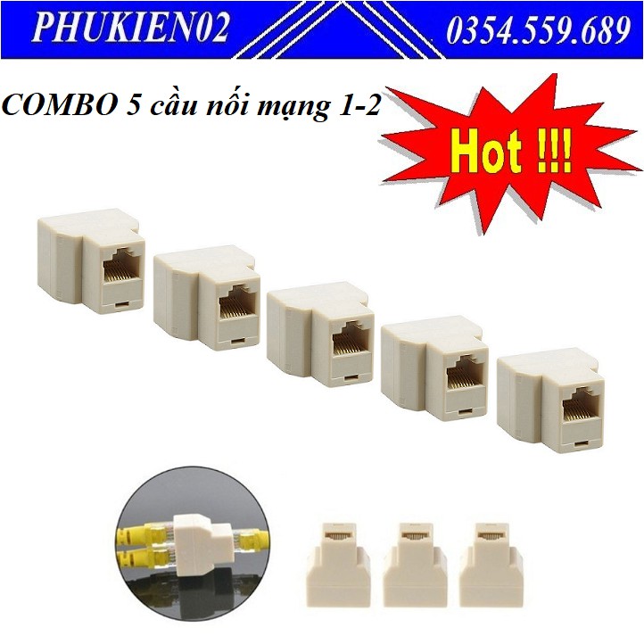 Combo 5 cầu nối mạng 1-2 - Đầu nối dây mạng RJ45 1 ra 2 - Đầu chia mạng 1 ra 2- Hiệu suất cao, dễ dàng và bền để sử dụng