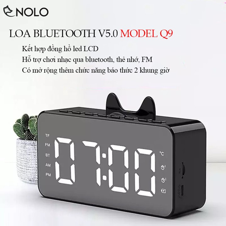 Loa Bluetooth Không Dây V5.0 Thẻ Nhớ AUX FM Model Q9 Nền Tráng Gương Tích Hợp Đồng Hồ Có Báo Thức