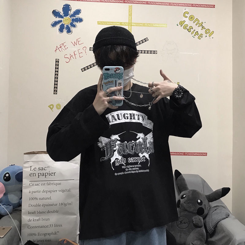 Áo Sweater Tay Dài Cổ Tròn Dáng Rộng Phong Cách Hip Hop Cá Tính Cho Nam