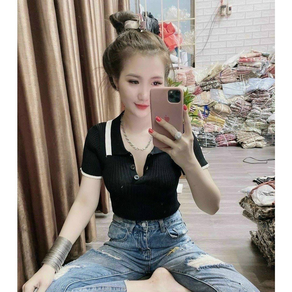 Áo croptop nữ thun gân cổ bẻ viền sọc tay ngắn 2 màu trắng đen phong cách hot girl Hàn Quốc hiện đại trẻ trung MC