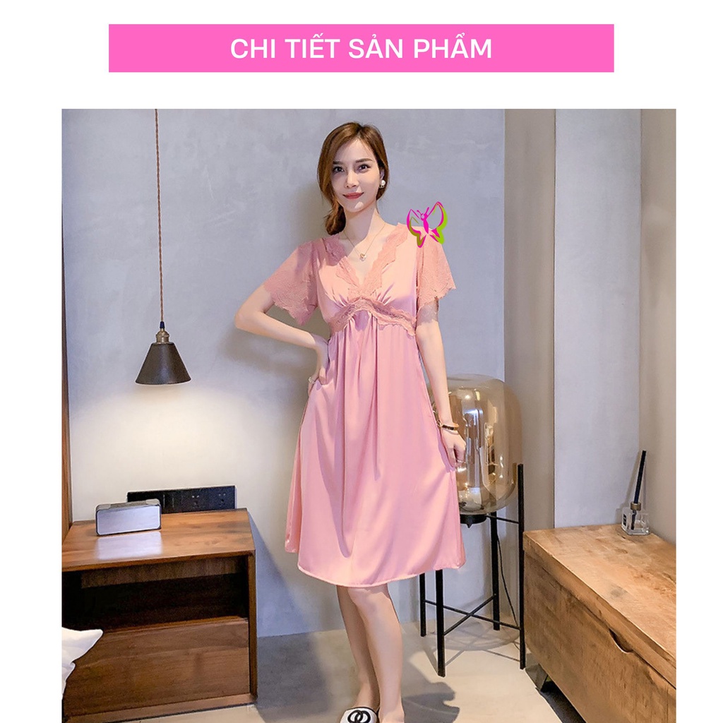 Váy ngủ lụa phối ren chiffon dễ thương tay ngắn cao cấp, trẻ trung, thoải mái, thoát mát (MS 09039) Anna Shop