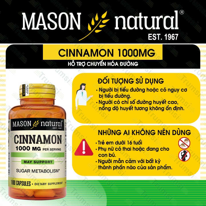 Viên uống Mason Natural Cinnamon 1000mg hỗ trợ chuyển hóa đường giúp ổn định đường huyết và giảm cholesterol hiệu quả