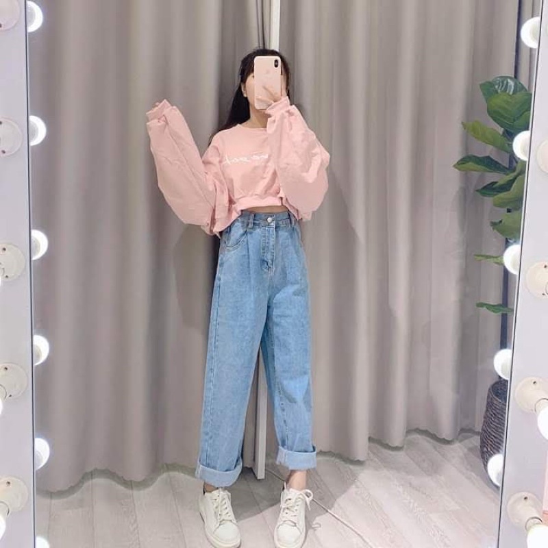 Áo Croptop Ulzzang Tay Dài Hồng Chất Siêu Đẹp (Ảnh Thật)