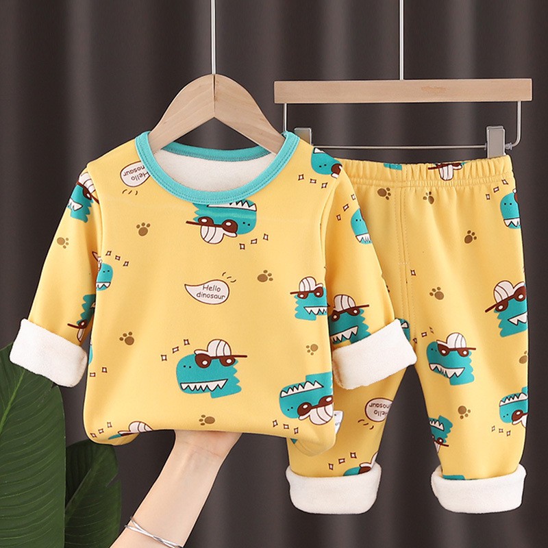 Bộ Đồ Ngủ Vải Cotton Phối Nhung In Hoạt Hình Dễ Thương Thời Trang Thu Đông Cho Bé