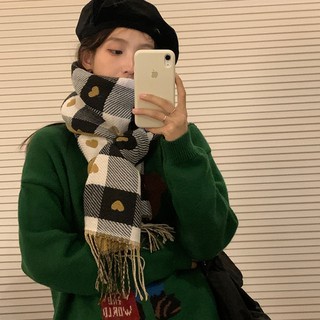 Khăn len, khăn quàng cổ nữ ấm áp dày kẻ in trái tim