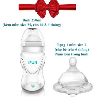 Combo Bình sữa cổ rộng Pur Advanced Plus 250ml (có sẵn núm M 3-6th) + núm lẻ size L