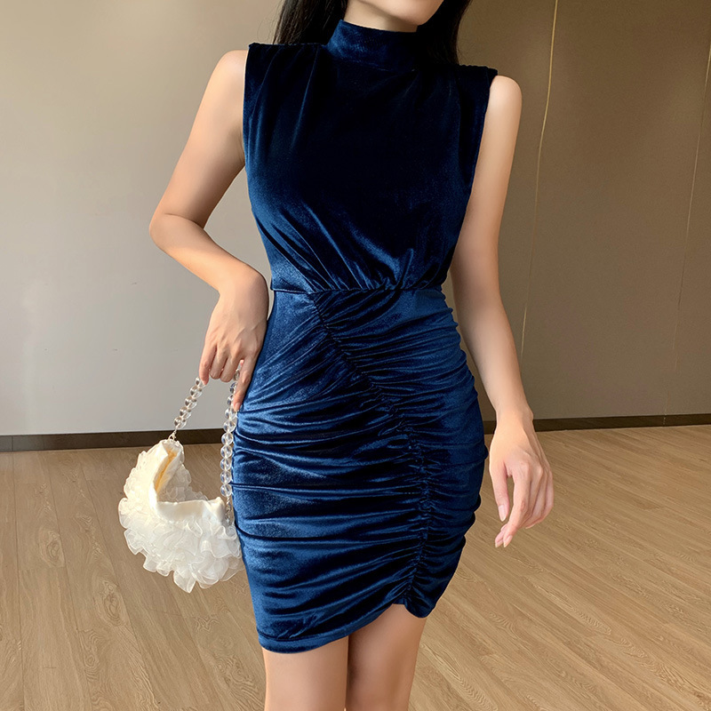 Sexy Women Slim Velvet Plain High Neck Pleated Sleeveless Fashion Party Dress