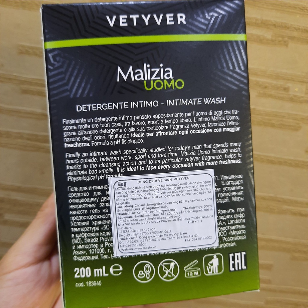 Dung dịch vệ sinh nam Malizia Vetyver Uomo hương cỏ thơm cao cấp Italia 200ml - Hàng chính hãng