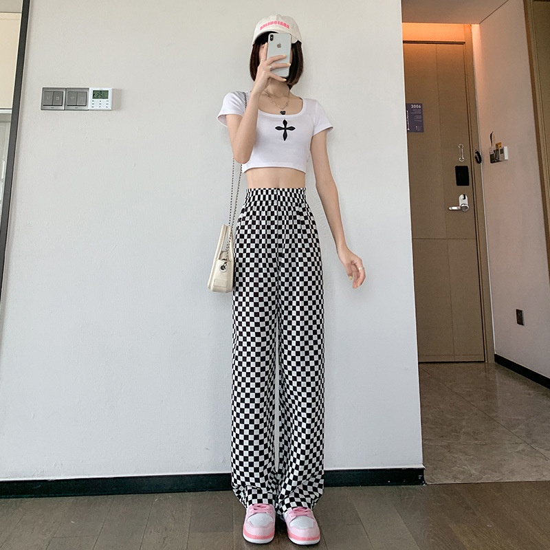 Quần dài IELGY mỏng nhẹ kẻ caro trắng đen thời trang cho nữ