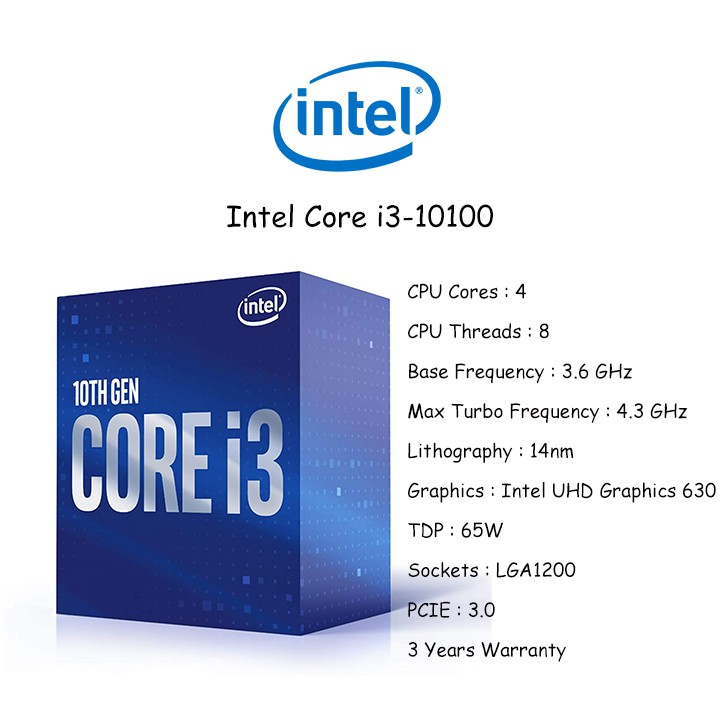 [Mã 253ELSALE hoàn 7% đơn 300K] CPU Intel Core i3 10100 (3.60 Up to 4.30GHz, 6M, 4 Cores 8 Threads) Full box nhập khẩu