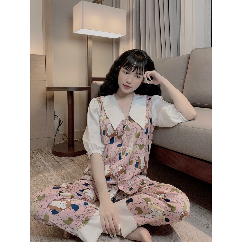 Bộ Pijama Nữ 🔥FREESHIP🔥  Bộ Mặc Nhà Cổ Vạt Thời Trang - Bộ Ngủ Lụa Satin Tay Lỡ Phối Ren SP27