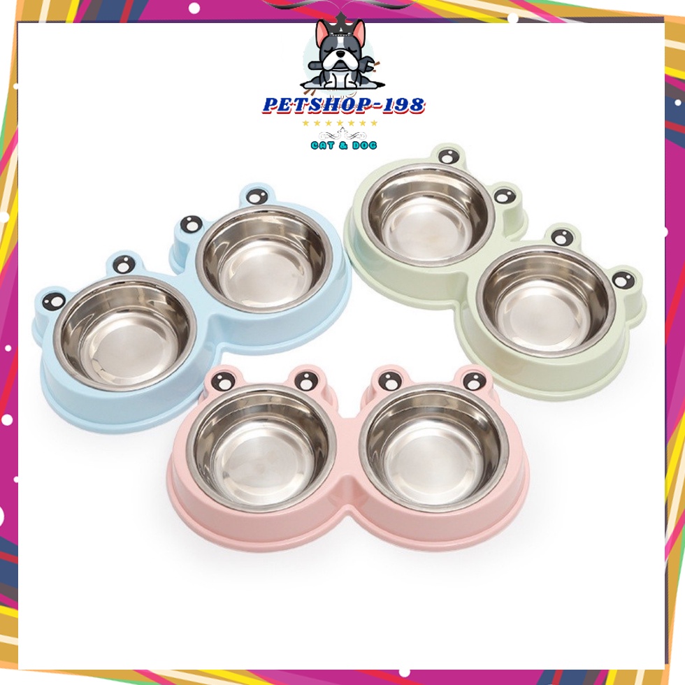 Bát ăn hai ngăn ếch ộp cute chó mèo - Tô nhựa kèm khay nước cho chó mèo (1 cái) -PETSHOP198