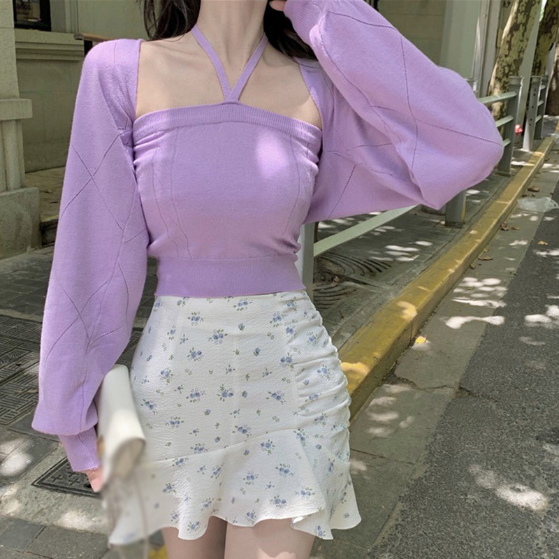 Áo hai dây dệt kim / Áo khoác cardigan dệt kim tay dài màu sắc thời trang Hàn Quốc đơn giản thanh lịch cho nữ