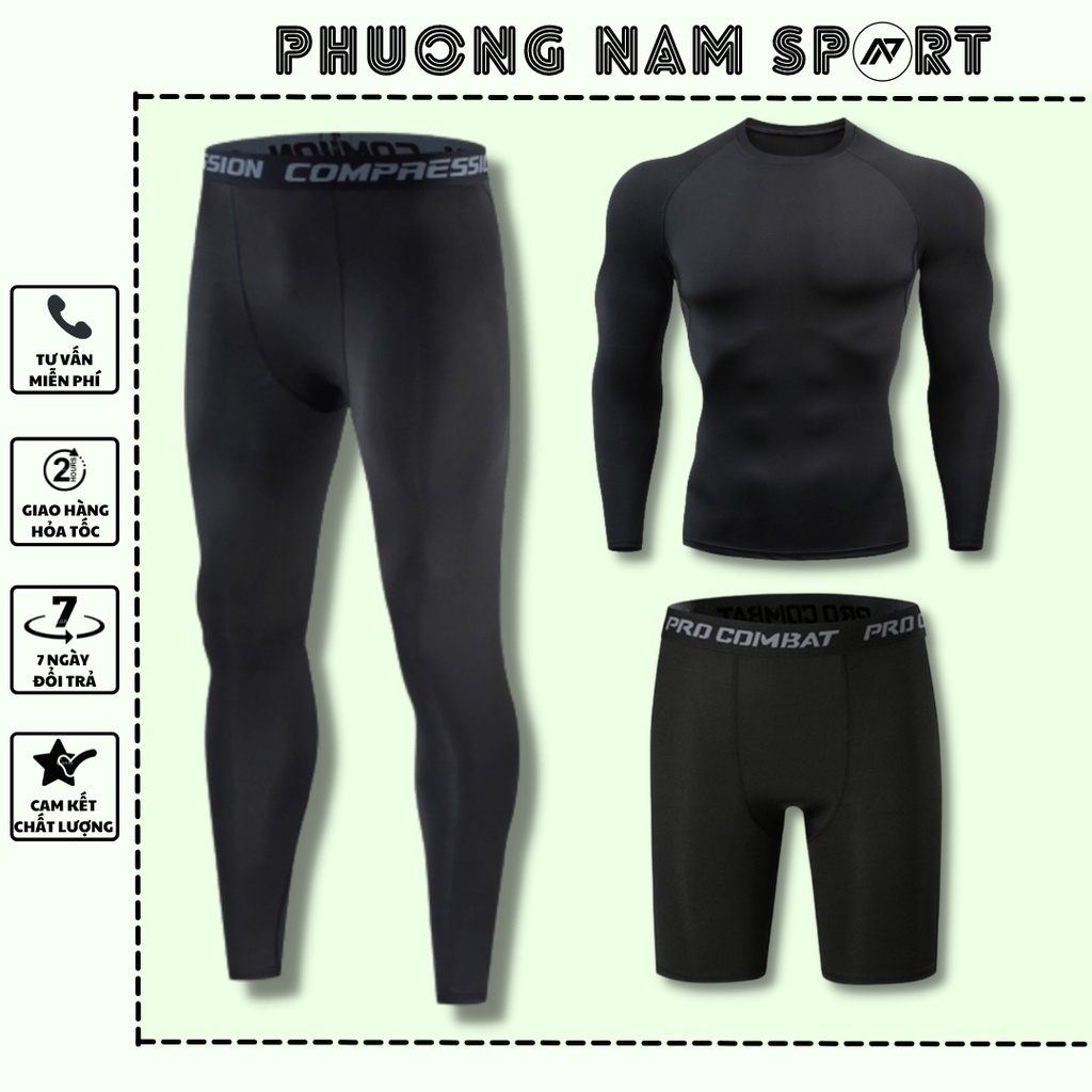 QUẦN GIỮ NHIỆT COMBAT PRO LEGGING TẬP GYM NAM DÁNG DÀI MÀU ĐEN