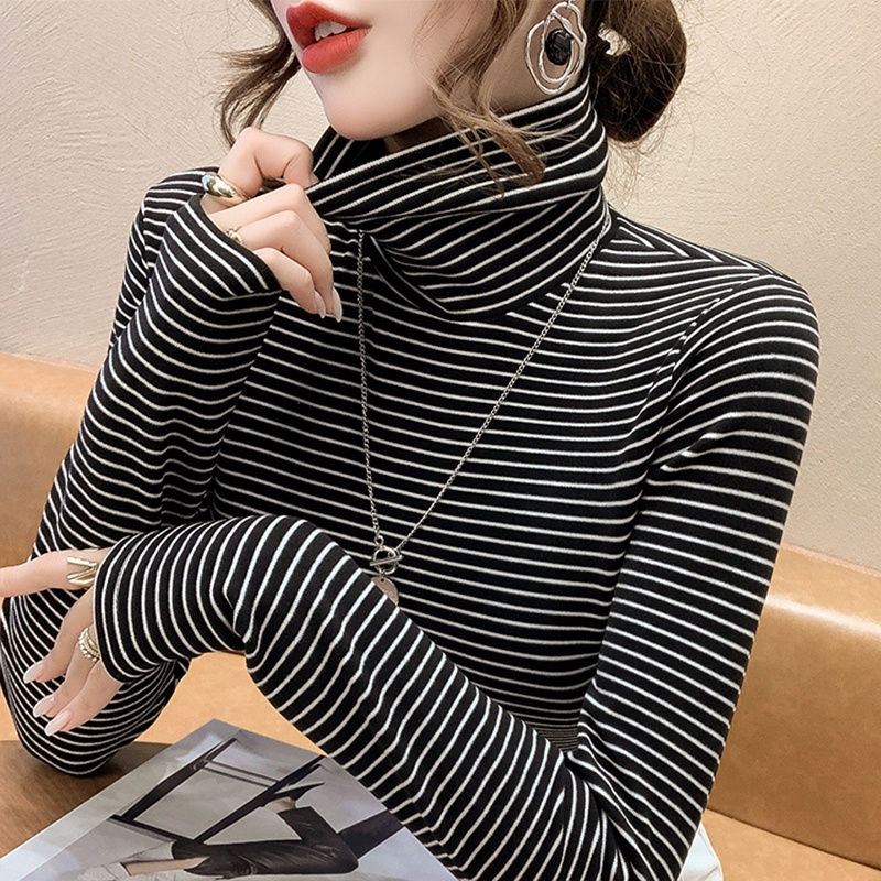 Áo Thun Cổ Cao Họa Tiết Kẻ Sọc Phối Lông Thời Trang Mùa Thu Mới Cho Nữ