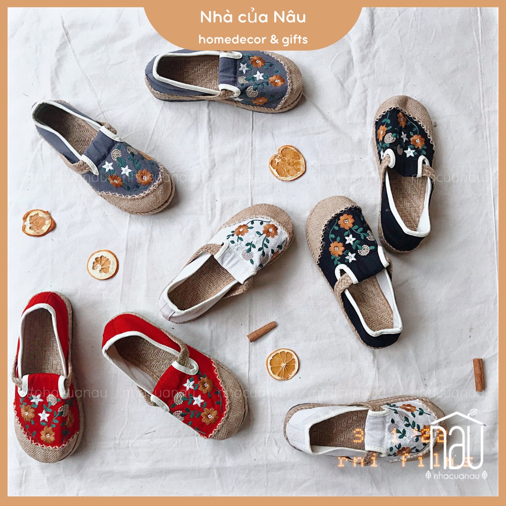 Giày cói phong cách vintage vải canvas thêu hoa lá đế cao su bền đẹp dễ phối đồ