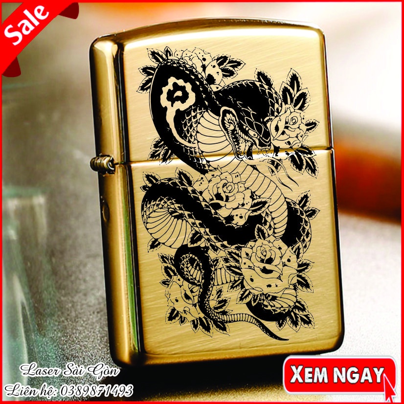 Hộp-Quẹt Bật-Lửa đồng nguyên khối Rắn và Hoa US đời la mã