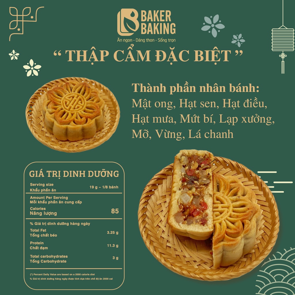 Bánh trung thu healthy cao cấp 2023 Baker Baking ít ngọt, không phẩm màu, mix nhiều vị 150gr