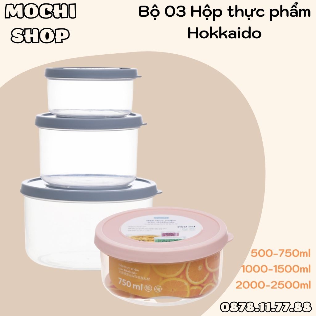 Bộ 3 Hộp Nhựa Đựng Thực Phẩm Hokkaido Inochi DẠNG TRÒN Bảo Quản Ngăn Mát, Trữ Đông