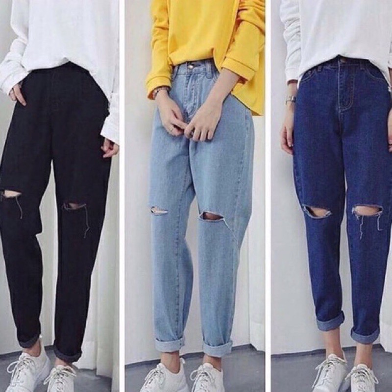 Baggy Jean Rách Gối Đen/Đậm/Nhạt - Lưng Cao Trên Rốn, Form Chuẩn