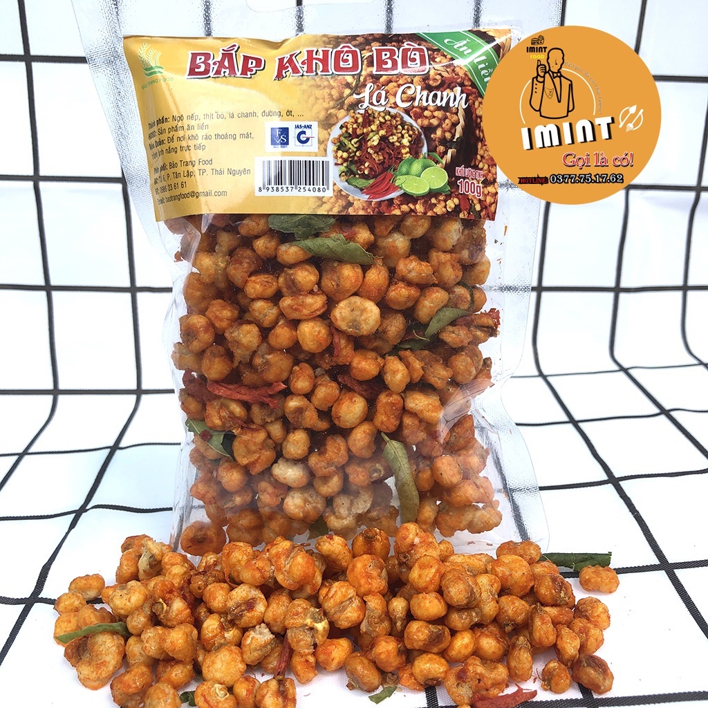 100g NGÔ NẾP SẤY GIÒN KHÔ BÒ LÁ CHANH IMINT FOOD