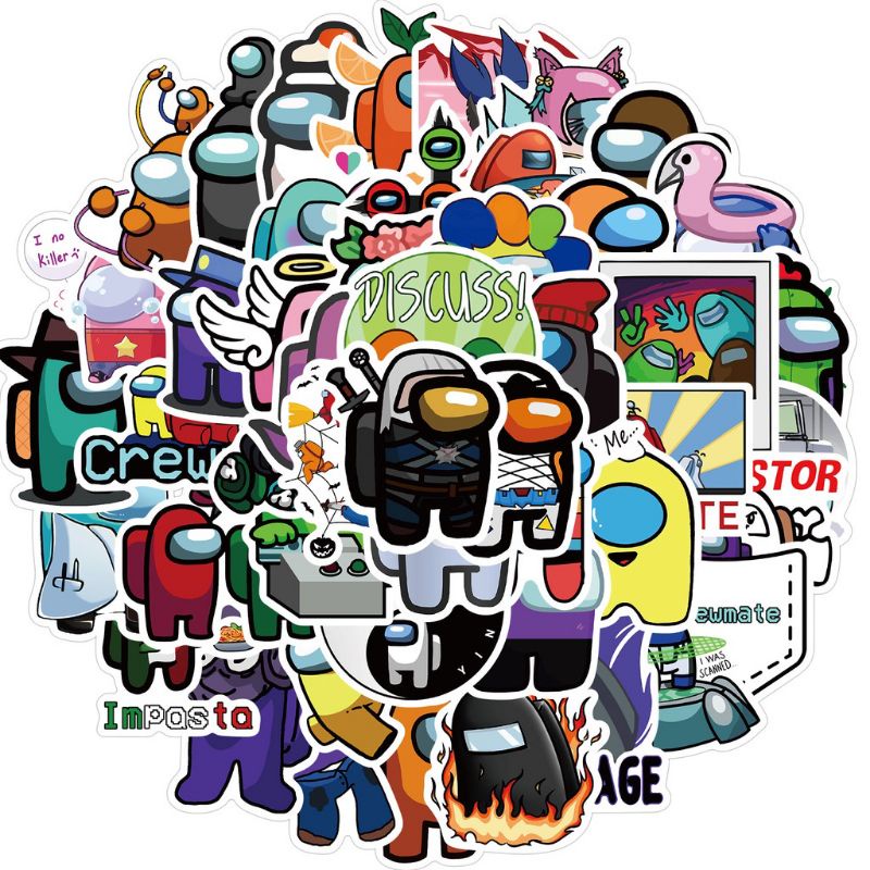 Combo 50 sticker decal Among Us chống thấm nước dán trang trí laptop vali mũ bảo hiểm xe máy đàn guitar.