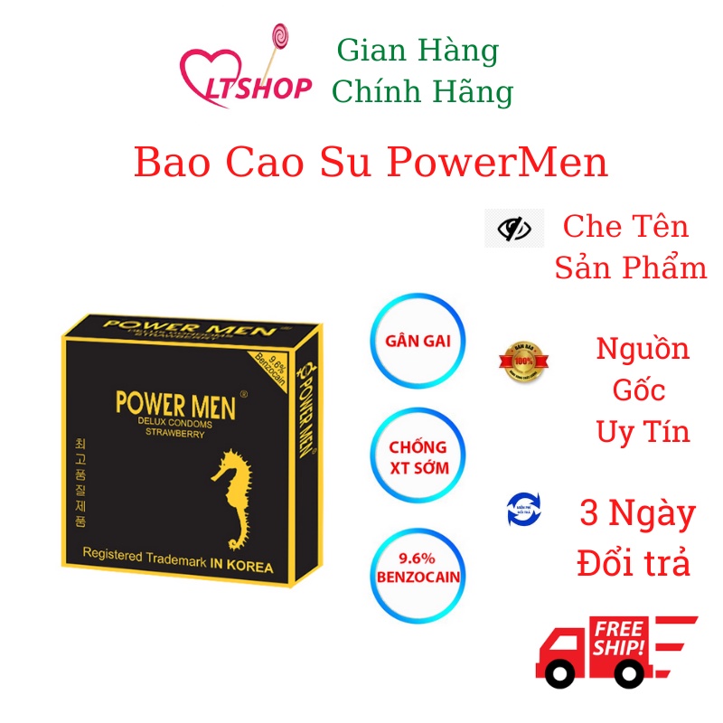 Bao cao su Gân Gai Powermen Strawberry Hương dâu, Chống xuất tinh sớm Hộp 9 bcs