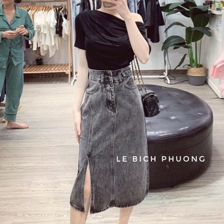 Chân váy bò dáng dài 2 khuy viền xẻ cạnh