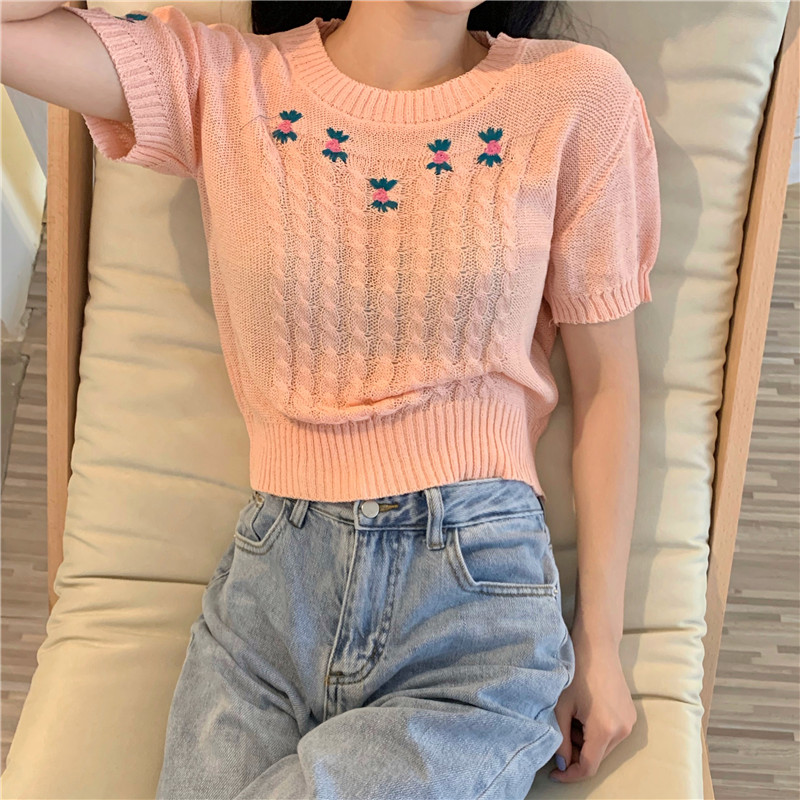 Áo dệt kim ngắn dáng rộng thời trang 1773065Áo kiểu tay phồng phối ren hoa thiết kế ngọt ngào thời trang | BigBuy360 - bigbuy360.vn