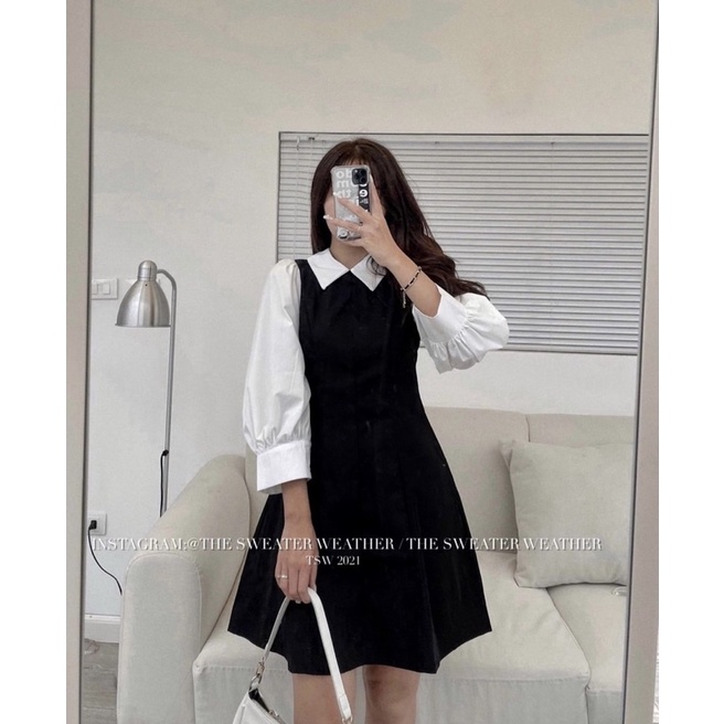 [Mã FAMARAL1 giảm 10K đơn 50K] (Ảnh thật) Váy thô cổ sơ mi chiết eo phối tay phồng trắng the.sweaterweather TSW | BigBuy360 - bigbuy360.vn