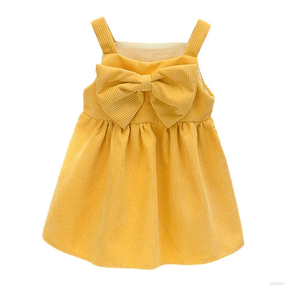 Đầm xòe 2 dây vải nhung đính nơ dễ thương cho bé gái 2-8 tuổi