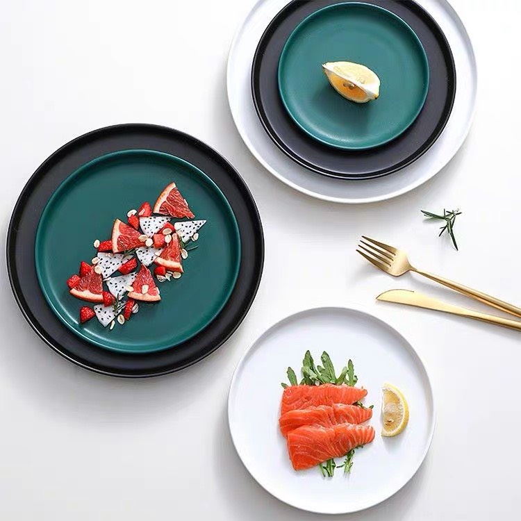 Đĩa tròn phẳng trắng/đen men mờ phong cách Bắc Âu - Sứ cao cấp, đĩa nhà hàng xuất Âu