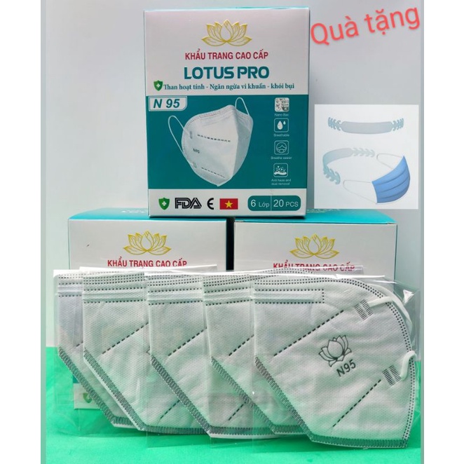Khẩu trang N95 chính hãng  LOTUS PRO than hoạt tính phủ Nano bạc, 6 lớp kháng khuẩn bảo vệ sức khoẻ ( hộp 20 chiếc )