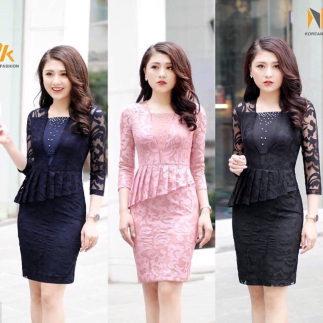 Đầm ren peplum xếp ly eo V154