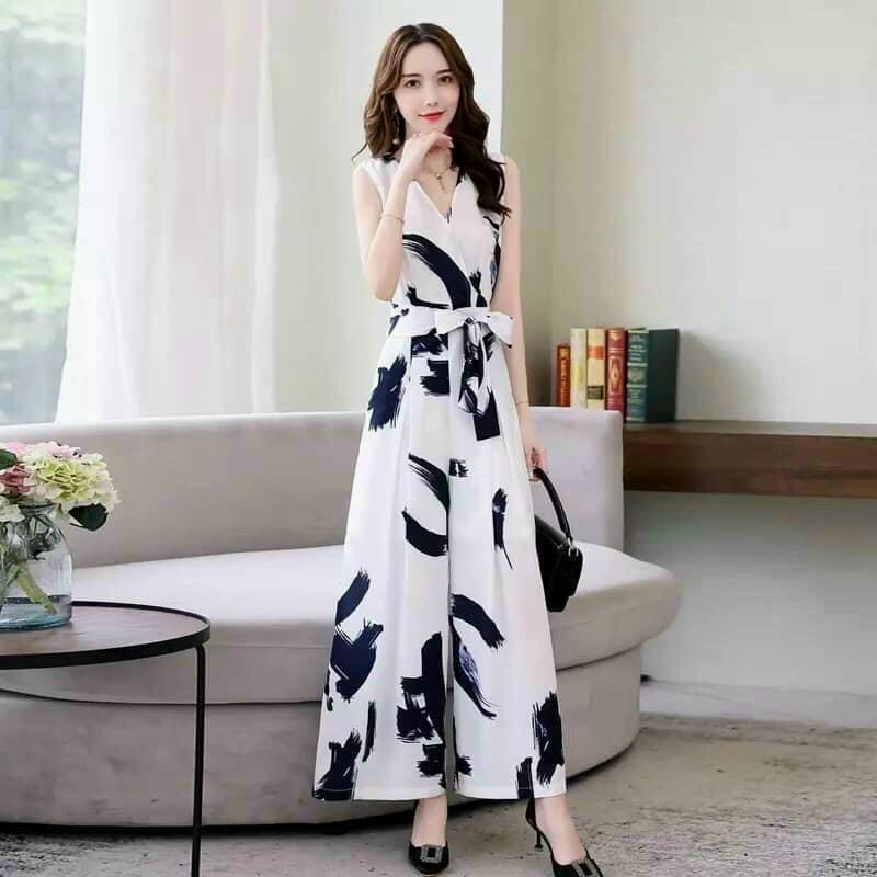 Jumsuit họa tiết trắng đen không tay ống rộng thanh lịch thời trang thiết kế Arava