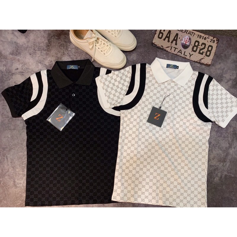 Áo thun cổ Polo hoạ tiết kẻ sọc vai Logo Gucci chất liệu cotton cao cấp