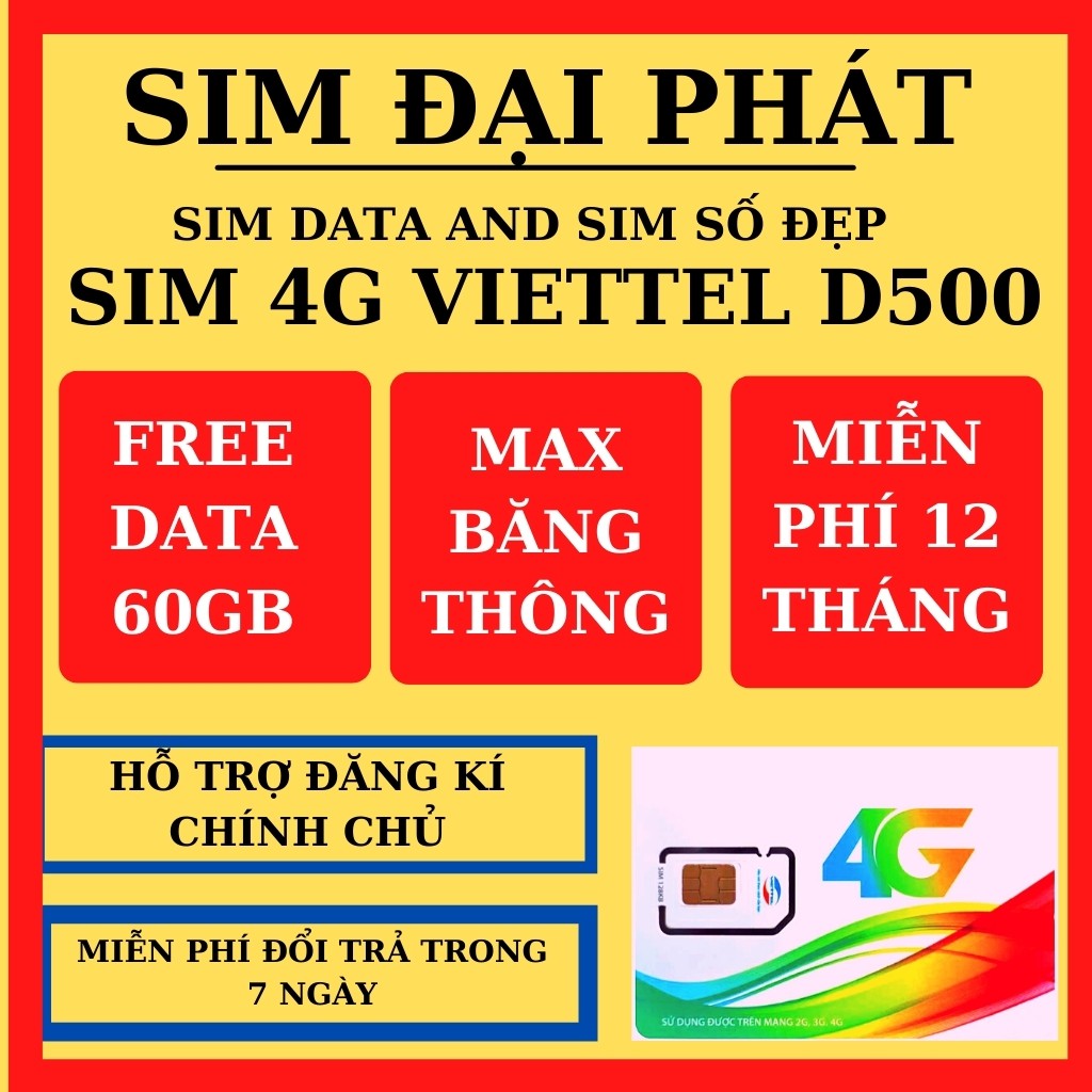 Sim 4G Viettel D500 Trọn Gói 1 Năm 60Gb (5Gb/Tháng) Data Không Giới Hạn -Sim vào mạng 1 năm không nạp tiền