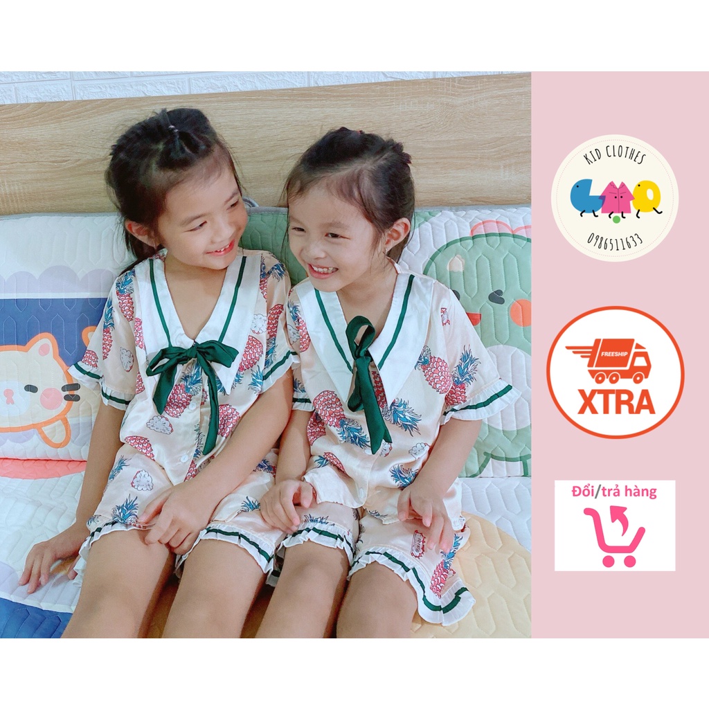 Bộ mặc nhà cổ viền cột nơ cho bé gái vải lụa satin - Gạokidclothes
