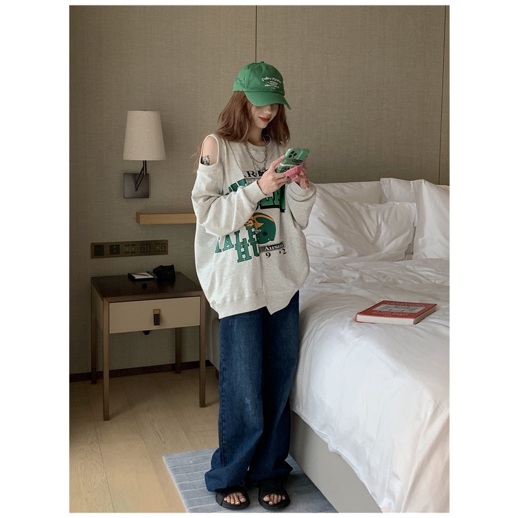 Áo Sweater Cổ Tròn Tay Dài Dáng Rộng In Họa Tiết Kiểu Retro Mỹ Thời Trang Cho Nữ