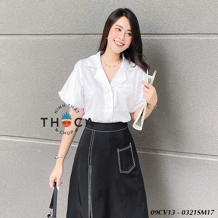 Chân váy midi đen xẻ cao viền trắng THOCA HOUSE thanh lịch, cạp cao mặc công sở, đi tiệc đám cưới | BigBuy360 - bigbuy360.vn